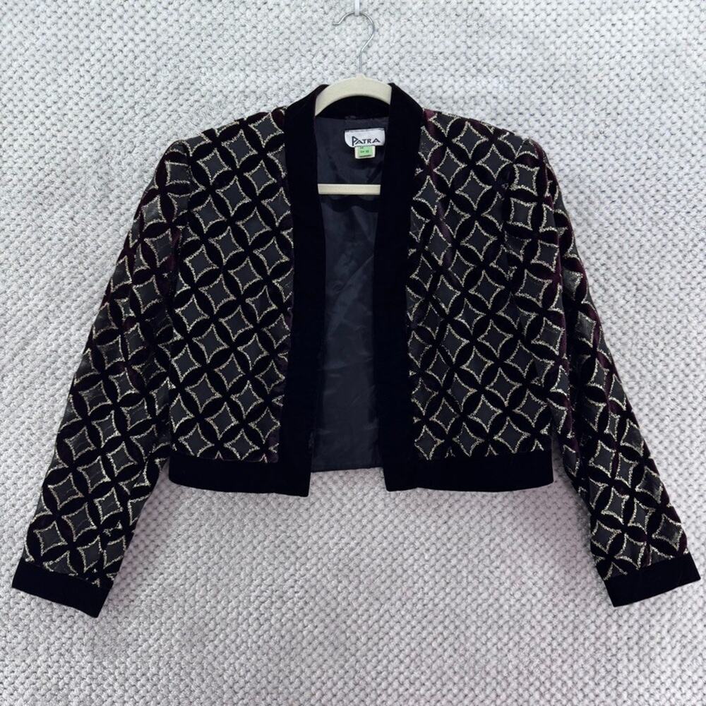 VTG PATRA Jacket Women 10 Burgundy Gold Velvet Open Front Blazer Sheer Metallic